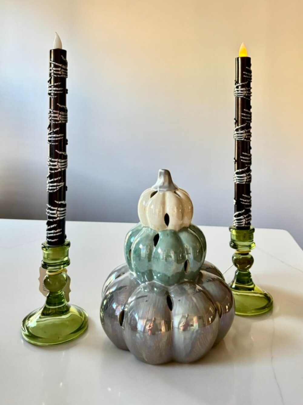 Flameless Halloween Taper Candles Silver Boney Skeleton Hands Black Wax LED NEW